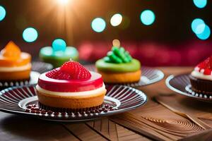 varios pasteles son sentado en un mesa con luces. generado por ai foto