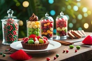 a table with a cupcake, candies and other sweets. AI-Generated photo