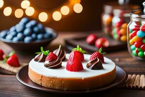 a cake with strawberries and chocolate on a wooden table. AI-Generated photo