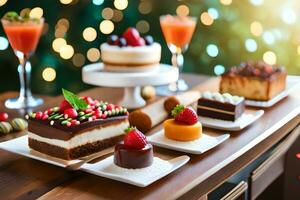 Navidad postres en un mesa con Navidad luces. generado por ai foto