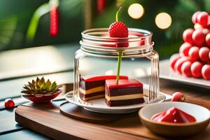 a dessert in a glass jar with red berries. AI-Generated photo