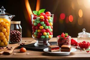 various candies and desserts on a table. AI-Generated photo