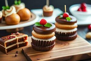 a wooden table with cupcakes and other desserts. AI-Generated photo
