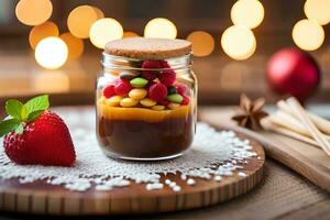 christmas dessert in a jar with strawberries and marshmallows. AI-Generated photo