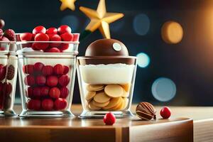 christmas dessert in glass jars with berries and star. AI-Generated photo