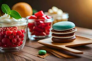 various desserts in glass jars on a wooden table. AI-Generated photo