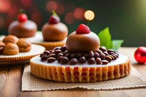 chocolate cake with berries and cherries on a wooden table. AI-Generated photo