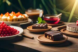 various desserts on wooden table with red berries. AI-Generated photo