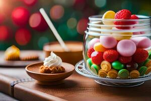 a jar filled with different types of sweets. AI-Generated photo