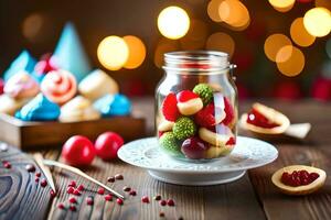 un tarro lleno con Fruta y un plato de galletas. generado por ai foto