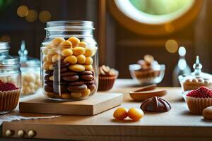various types of candies and nuts in jars on a table. AI-Generated photo