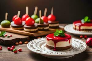 Navidad postres en de madera mesa con rojo y verde decoraciones generado por ai foto