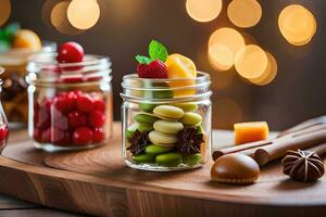 Tres frascos con Fruta y nueces en un de madera mesa. generado por ai foto