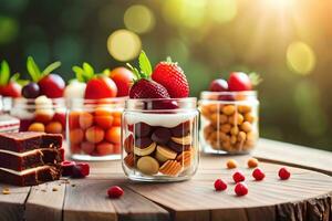 various types of desserts in glass jars. AI-Generated photo