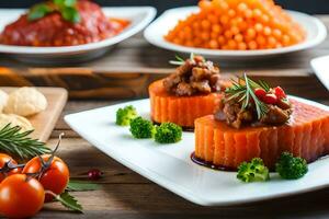 un plato de comida con carne, vegetales y otro ingredientes. generado por ai foto