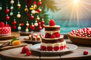 christmas cake with berries and fruit on wooden table. AI-Generated photo