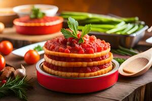 a stack of red and green food on a wooden table. AI-Generated photo