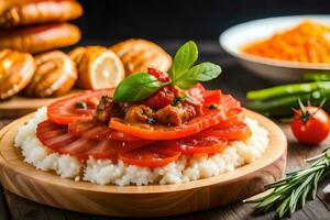 a plate of food with tomatoes, rice and bread. AI-Generated photo