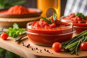 two bowls of tomato sauce with vegetables on a cutting board. AI-Generated photo