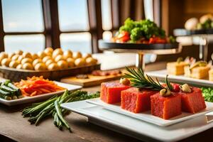 a buffet table with various types of food. AI-Generated photo
