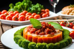 un plato de comida con vegetales y un vaso de vino. generado por ai foto