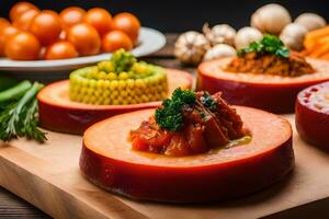 a variety of different types of food on a cutting board. AI-Generated photo