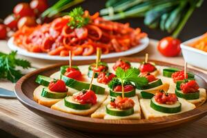 a plate of appetizers with vegetables and cheese. AI-Generated photo