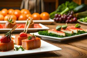 a table with appetizers and fruit on it. AI-Generated photo