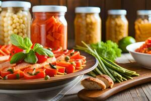 various types of food on a wooden table. AI-Generated photo