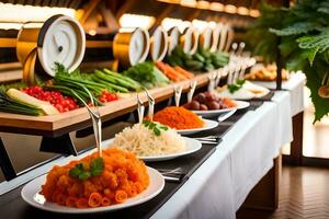 a buffet table with many different types of food. AI-Generated photo