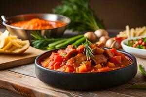 a bowl of stew with vegetables and potatoes on a wooden table. AI-Generated photo