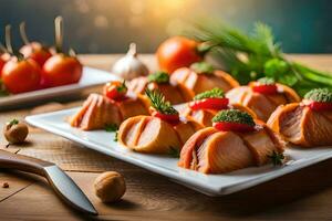 salmon wrapped in bacon on a plate with vegetables. AI-Generated photo