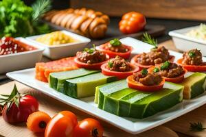 un plato de vegetales con carne y vegetales. generado por ai foto