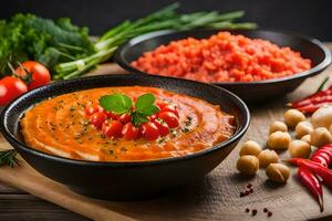 a bowl of tomato soup with vegetables and herbs. AI-Generated photo