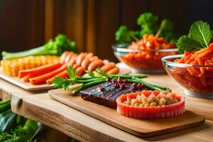 a table with various types of vegetables and meat. AI-Generated photo