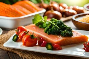 salmon, broccoli and other vegetables are on a table. AI-Generated photo