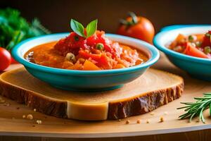 two bowls of tomato soup with herbs and tomatoes. AI-Generated photo