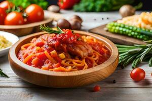 spaghetti with meat and vegetables on wooden table. AI-Generated photo