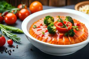 a bowl of food with vegetables and tomatoes. AI-Generated photo