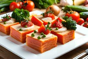 a plate of food with vegetables and salmon. AI-Generated photo