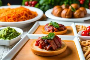 un mesa con comida en él, incluso carne, vegetales y un pan. generado por ai foto