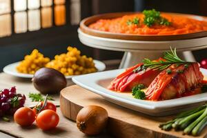 un mesa con comida y vegetales en él. generado por ai foto