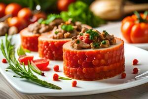 Tres piezas de carne en un plato con Tomates. generado por ai foto