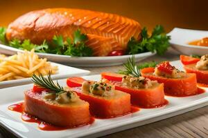 a plate of food with salmon, potatoes and vegetables. AI-Generated photo