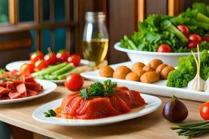 a table with plates of food and vegetables. AI-Generated photo