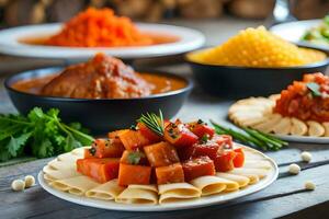 various types of pasta and vegetables on a wooden table. AI-Generated photo