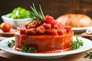 un pedazo de carne en un plato con tomate salsa. generado por ai foto