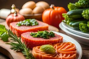 salmon, vegetables and eggs on a wooden table. AI-Generated photo