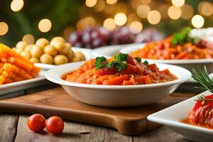 un mesa con diferente tipos de comida en él. generado por ai foto