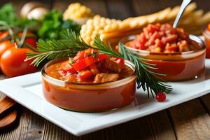 Tres bochas de tomate salsa con vegetales en un de madera mesa. generado por ai foto